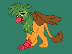 Size: 2048x1536 | Tagged: safe, artist:partyponypower, derpibooru import, oc, oc only, oc:kalimu, bird, griffon, hybrid, parrot, beak, green background, male, parrot griffon, paws, simple background, smiling, solo, talons