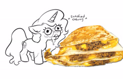 Size: 2056x1351 | Tagged: safe, artist:opalacorn, derpibooru import, oc, oc only, pony, unicorn, commission, descriptive noise, eating, female, food, giant food, glasses, horn, mare, meat, ponies eating meat, quesadilla, round glasses, simple background, solo, taco bell, white background