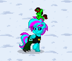 Size: 414x352 | Tagged: safe, derpibooru import, oc, oc:cyanized, pegasus, pony, unicorn, clothes, horn, pegasus oc, plushie, pony town, raised hoof, raised leg, snow, unicorn oc