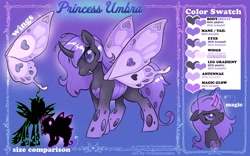 Size: 2400x1494 | Tagged: safe, artist:opalacorn, derpibooru import, oc, oc only, oc:princess umbra, changeling, changeling oc, commission, female, glowing, glowing horn, gradient background, horn, purple changeling, reference sheet, solo