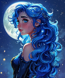Size: 1280x1536 | Tagged: safe, ai content, derpibooru import, machine learning generated, princess luna, human, g4, bare shoulders, bust, clothes, dress, female, generator:playground ai, humanized, looking at you, messy hair, moon, night, profile, prompter:pawels, solo, stars