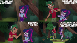 Size: 2000x1125 | Tagged: safe, derpibooru import, edit, edited screencap, editor:quoterific, screencap, sci-twi, timber spruce, twilight sparkle, equestria girls, g4, legend of everfree, forest, nature, tree