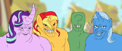 Size: 640x272 | Tagged: safe, artist:scrungbungus, derpibooru import, starlight glimmer, sunset shimmer, trixie, oc, oc:anon, anthro, human, unicorn, abomination, curved horn, group, horn, lmao, me and the boys, trace