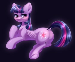 Size: 3697x3027 | Tagged: safe, artist:bloedrooi_e, artist:e.bloedrooi, artist:eboi_ukraine, derpibooru import, twilight sparkle, twilight sparkle (alicorn), alicorn, pony, g4, blushing, butt, dock, eyebrows, eyebrows visible through hair, female, folded wings, high res, horn, lidded eyes, mare, plot, signature, smiling, solo, tail, twibutt, underhoof, wings