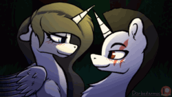 Size: 1280x720 | Tagged: safe, artist:darbedarmoc, derpibooru import, oc, oc only, oc:enigma, alicorn, pony, unicorn, g4, animated, crown, female, forest, french kiss, gif, horn, jewelry, kissing, looking at each other, looking at someone, male, nature, patreon, patreon logo, regalia, scar, shipping, stallion, straight, tree