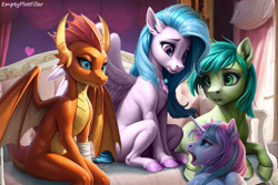 Size: 1152x768 | Tagged: safe, ai content, derpibooru import, editor:emptyplotfiller, machine learning generated, princess flurry heart, sandbar, silverstream, smolder, alicorn, dragon, fanfic:crossing the trixie bridge:a new life in the crystal empire, g4, dragoness, female, foal