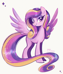 Size: 2549x3000 | Tagged: safe, artist:askometa, derpibooru import, princess cadance, pegasus, pony, g4, alternate design, blushing, curly hair, curly mane, curly tail, eyebrows, eyebrows visible through hair, eyelashes, eyeshadow, female, full body, long tail, looking at you, makeup, mare, multicolored hair, multicolored mane, pegasus cadance, pink coat, purple eyes, simple background, smiling, smiling at you, solo, sparkles, spread wings, standing, tail, three quarter view, white background, wings