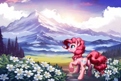 Size: 4096x2731 | Tagged: safe, artist:allegrenix, derpibooru import, pinkie pie, earth pony, pony, g4, butt, female, flower, frog (hoof), mare, mountain, plot, scenery, solo, underhoof