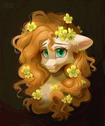 Size: 2002x2410 | Tagged: safe, artist:teaflower300, derpibooru import, pear butter, earth pony, pony, g4, black background, bust, buttercup, cheek fluff, chest fluff, ear fluff, ears, female, floppy ears, flower, flower in hair, high res, looking at you, mare, simple background, smiling, smiling at you, solo