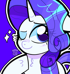 Size: 1021x1078 | Tagged: safe, artist:acid-fangs, derpibooru import, part of a set, rarity, pony, unicorn, g4, blue background, bust, chest fluff, eye clipping through hair, female, hoof on chest, horn, icon, looking at you, mare, one eye closed, simple background, solo, sparkles, watermark, wink, winking at you