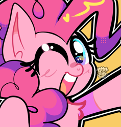 Size: 1021x1078 | Tagged: safe, artist:acid-fangs, derpibooru import, part of a set, pinkie pie, earth pony, pony, g4, bust, female, icon, looking at you, mare, one eye closed, open mouth, open smile, simple background, smiling, smiling at you, solo, watermark, wink, winking at you, yellow background