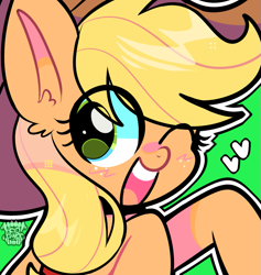 Size: 1021x1078 | Tagged: safe, artist:acid-fangs, derpibooru import, part of a set, applejack, earth pony, pony, g4, eye clipping through hair, female, green background, heart, icon, looking at you, mare, one eye closed, open mouth, open smile, simple background, smiling, smiling at you, solo, watermark, wink, winking at you