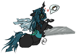 Size: 1182x840 | Tagged: safe, artist:momma-fleur, derpibooru import, queen chrysalis, changeling, changeling queen, g4, coffee, coffee cup, coffee mug, cup, digital art, irritated, mug, signature, simple background, thighs, thunder thighs, transparent background