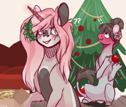 Size: 1280x1084 | Tagged: safe, artist:pixelberrry, derpibooru import, oc, oc only, oc:precilla, goat, pony, unicorn, christmas, christmas ball, christmas tree, female, holiday, holly, horn, mare, tree