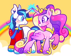 Size: 2048x1616 | Tagged: safe, artist:alexbeeza, derpibooru import, princess cadance, shining armor, alicorn, pony, unicorn, g4, alternate design, alternate hairstyle, blaze (coat marking), blue eyes, blue mane, blue tail, blushing, clothes, cloud, coat markings, colored belly, colored ear fluff, colored eartips, colored hooves, colored pinnae, colored wings, crown, duo, duo male and female, ear fluff, ears, eyelashes, eyeshadow, facial markings, facing each other, female, gradient legs, gradient wings, heart, heart eyes, hoof shoes, horn, horns are touching, jewelry, long mane, looking at each other, looking at someone, makeup, male, mare, multicolored mane, multicolored tail, pale belly, partially open wings, physique difference, pink coat, princess shoes, purple eyes, rainbow, raised hoof, raised leg, regalia, shiningcadance, shipping, sky background, slender, smiling each other, sparkly mane, sparkly tail, stallion, standing, straight, tail, thin, tiara, two toned mane, two toned tail, two toned wings, unicorn horn, uniform, unshorn fetlocks, wall of tags, wavy mane, wavy tail, white coat, wingding eyes, wings