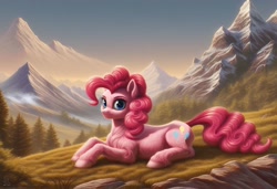 Size: 1216x832 | Tagged: safe, ai content, generator:pony diffusion v6 xl, machine learning generated, pinkie pie, earth pony, pony, female, fluffy, grass, looking at you, mare, mountain, outdoors, prone, solo, tree, unshorn fetlocks