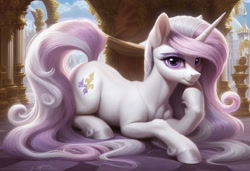 Size: 1216x832 | Tagged: safe, ai content, generator:pony diffusion v6 xl, machine learning generated, fleur-de-lis, pony, unicorn, female, fluffy, hoof on chin, looking at you, mare, prone, solo, unshorn fetlocks