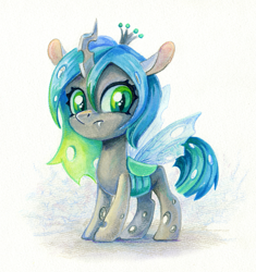 Size: 1035x1100 | Tagged: safe, artist:maytee, derpibooru import, queen chrysalis, changeling, changeling queen, g4, chibi, cute, cutealis, fangs, frown, solo, traditional art