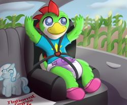 Size: 3200x2651 | Tagged: safe, artist:sweetielover, derpibooru import, oc, oc only, oc:snowdrop, oc:yosh, bird, dragon, duck, hybrid, original species, blind, booties, car, car interior, car seat, clothes, diaper, high res, male, paper, plush pony, plushie, raised claw, shirt, solo, sugar cane, t-shirt, travelling