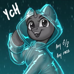 Size: 2048x2048 | Tagged: safe, artist:amishy, derpibooru import, pony, unicorn, bust, commission, horn, looking at you, open mouth, open smile, rain, raincoat, smiling, smiling at you, solo, text, your character here