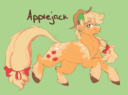 Size: 1634x1212 | Tagged: safe, artist:pretzelprince, derpibooru import, applejack, earth pony, pony, g4, alternate design, applejack's hat, applejacked, back fluff, blaze (coat marking), blonde, blonde mane, blonde tail, blushing, body freckles, bow, braid, braided ponytail, brown text, butt fluff, chest fluff, clothes, cloven hooves, coat markings, colored ear fluff, colored eartips, colored hooves, colored pinnae, cowboy hat, dappled, ear freckles, eyebrows, eyebrows visible through hair, facial markings, female, freckles, green background, green eyes, hair bow, hat, leg fluff, leg freckles, lidded eyes, long tail, looking back, mare, messy mane, messy tail, muscles, neck fluff, orange coat, ponytail, profile, redesign, shoulder fluff, simple background, smiling, socks (coat marking), tail, tail bow, text, unshorn fetlocks, wingding eyes