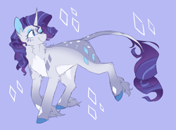 Size: 1885x1398 | Tagged: safe, artist:pretzelprince, derpibooru import, rarity, pony, unicorn, g4, alternate color palette, alternate design, alternate tailstyle, blue background, blue eyes, chest fluff, coat markings, colored belly, colored eartips, colored hooves, colored pinnae, concave belly, cutie mark background, elbow fluff, eyelashes, eyeshadow, facial markings, female, fetlock tuft, gray coat, horn, leg fluff, leonine tail, makeup, mare, neck fluff, one eye closed, pale belly, purple mane, purple tail, redesign, ringlets, simple background, smiling, socks (coat markigns), solo, standing, star (coat marking), tail, two toned mane, two toned tail, unicorn horn, unshorn fetlocks, wavy mane, wavy tail