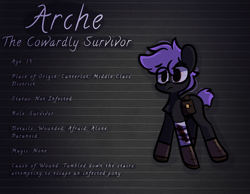 Size: 3100x2400 | Tagged: safe, artist:arche, derpibooru import, oc, oc:arche medley, earth pony, pony, series:arche's infection au, alternate universe, bag, bandage, bandaged leg, blood, boots, clothes, colt, earth pony oc, foal, infectionau, leather, leather boots, male, saddle bag, scrapes, shoes, solo