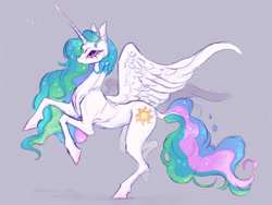 Size: 1280x964 | Tagged: safe, artist:hostbaan, derpibooru import, princess celestia, alicorn, pony, g4, colored, concave belly, female, fit, horn, large wings, long horn, long mane, mare, partially open wings, rearing, side view, sketch, slender, solo, sternocleidomastoid, tall, thin, wings