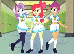 Size: 3799x2751 | Tagged: safe, artist:gmaplay, derpibooru import, apple bloom, scootaloo, sweetie belle, equestria girls, g4, clothes, dress, lockers, miniskirt, pants, pretty sailor crew, school uniform, schoolgirl, skirt, socks, thigh highs, thigh socks