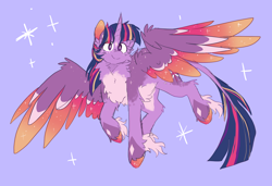 Size: 1914x1309 | Tagged: safe, artist:pretzelprince, derpibooru import, twilight sparkle, twilight sparkle (alicorn), alicorn, pony, g4, alternate color palette, alternate design, belly fluff, blue background, blue mane, blue tail, body freckles, chest fluff, coat markings, colored belly, colored eartips, colored hooves, colored pinnae, colored wings, colored wingtips, concave belly, ear fluff, ears, eye clipping through hair, eyebrows, eyebrows visible through hair, facial markings, female, fetlock tuft, flying, freckles, leg fluff, leonine tail, mare, multicolored mane, multicolored tail, multicolored wings, pale belly, purple coat, purple eyes, redesign, shiny hoof, simple background, smiling, solo, sparkles, sparkly wings, spread wings, star (coat marking), tail, unshorn fetlocks, wing fluff, wing freckles, wingding eyes, wings