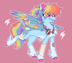 Size: 1833x1595 | Tagged: safe, artist:pretzelprince, derpibooru import, rainbow dash, pegasus, pony, g4, alternate color palette, alternate design, alternate hairstyle, back fluff, bandage, bandaged leg, bandaid, belly fluff, big ears, chest fluff, coat markings, colored ear, colored hooves, colored pinnae, colored sclera, colored wings, colored wingtips, cutie mark background, dock, dock fluff, ear fluff, ears, eye clipping through hair, eyebrows, eyebrows visible through hair, eyelashes, facial markings, female, fetlock tuft, goggles, long legs, looking up, mare, messy mane, messy tail, multicolored hair, multicolored mane, multicolored tail, multicolored wings, narrowed eyes, partially open wings, pink background, pink eyes, pink sclera, ponytail, rainbow hair, rainbow tail, rainbow wings, redesign, scratches, simple background, smiling, socks (coat marking), solo, stripe (coat marking), tail, torn ear, wing fluff, wingding eyes, wings