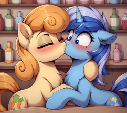 Size: 2304x2048 | Tagged: safe, ai content, derpibooru import, generator:stable diffusion, machine learning generated, carrot top, golden harvest, minuette, earth pony, pony, unicorn, fanfic:bitter harvest, g4, bar, blush lines, blushing, bottle, chest fluff, cute, duo, duo female, ear fluff, ears, eyebrows, eyebrows visible through hair, eyes closed, fanfic art, female, floppy ears, generator:autismmix pony, high res, hoof around neck, horn, indoors, kiss on the lips, kissing, lesbian, looking at someone, mare, prompter:tyto4tme4l, ship:goldengate, shipping, shoulder fluff, surprise kiss, table, wide eyes