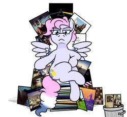 Size: 1200x1100 | Tagged: safe, artist:jargon scott, derpibooru import, oc, oc:heavy weather, pegasus, a momentary lapse of reason, animal, atom heart mother, chair, crossed legs, meddle, more, obscured by clouds, pegasus oc, pigtails, pink floyd, reclining, saucerful of secrets, simple background, sitting, smug look of superiority, spread wings, the dark side of the moon, the division bell, the endless river, the final cut, the piper at the gates of dawn, the wall, throne, trash can, ummagumma, white background, wings, wish you were here