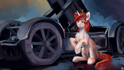 Size: 2560x1440 | Tagged: safe, artist:krapinkaius, derpibooru import, oc, oc only, oc:linaxero, pony, unicorn, 17 cm k.mrs.laf, artillery, horn, howitzer, military, weapon