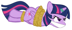 Size: 1024x432 | Tagged: safe, artist:soupcanz, derpibooru import, twilight sparkle, twilight sparkle (alicorn), alicorn, pony, g4, angry, bondage, bound and gagged, bound wings, cloth gag, female, gag, hooves behind back, horn, horn ring, magic suppression, ring, ropes, simple background, solo, transparent background, wings