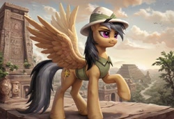 Size: 1216x832 | Tagged: safe, ai content, derpibooru import, generator:pony diffusion v6 xl, generator:stable diffusion, machine learning generated, daring do, pegasus, pony, g4, aztec, clothes, cloud, female, forest, generator:civitai, hat, jungle, nature, prompter:emilia starsong, sky, solo, spoilers for another series, spread wings, temple, tree, wings