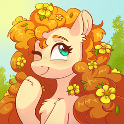 Size: 2000x2000 | Tagged: safe, artist:skysorbett, derpibooru import, pear butter, earth pony, pony, g4, blush lines, blushing, bust, buttercup, chest fluff, curly hair, curly mane, eyebrows, female, flower, flower in hair, high res, mare, one eye closed, portrait, smiling, solo, sun