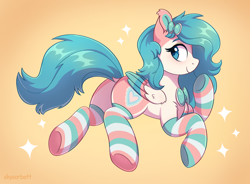 Size: 2372x1742 | Tagged: safe, artist:skysorbett, derpibooru import, oc, oc only, oc:fairy wind, pegasus, pony, accessory, butt, clothes, colored wings, cute, dock, female, gradient background, mare, pegasus oc, plot, profile, side view, simple background, smiling, socks, solo, sparkles, striped socks, wings