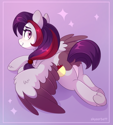 Size: 1881x2086 | Tagged: safe, artist:skysorbett, derpibooru import, oc, oc only, oc:cherry rush, pegasus, pony, butt, colored wings, eyebrows, female, looking at you, lying down, mare, pegasus oc, plot, prone, smiling, solo, sparkles, spread wings, two toned mane, two toned wings, underhoof, wings