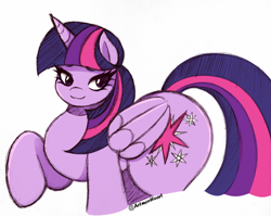 Size: 2048x1630 | Tagged: safe, artist:artmorheart, derpibooru import, twilight sparkle, twilight sparkle (alicorn), alicorn, pony, g4, adorasexy, butt, cute, large butt, raised hoof, raised leg, sexy, simple background, smiling, solo, twibutt, white background