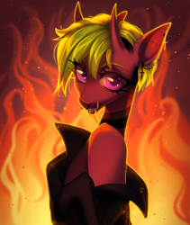 Size: 2644x3136 | Tagged: safe, derpibooru import, pony, clothes, fangs, fire, green hair, jacket, leather, leather jacket, piercing, pink eyes, red skin, simple background, teeth