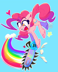 Size: 2048x2543 | Tagged: safe, artist:acid-fangs, derpibooru import, pinkie pie, earth pony, pony, g4, blue background, chainsaw, fangs, female, heart, heart tongue, high res, lesbian ponies with weapons, mare, open mouth, open smile, rainbow, sharp teeth, simple background, smiling, solo, starry eyes, teeth, this will end in cupcakes, this will end in death, unshorn fetlocks, vylet pony, watermark, wingding eyes