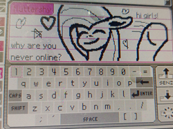 Size: 1523x1135 | Tagged: safe, artist:danatron1, derpibooru import, fluttershy, pegasus, looking at you, nintendo ds, nostalgia, photo, pictochat, picture of a screen, pixel art, sad, smiling, smiling at you, waving