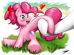 Size: 1600x1200 | Tagged: safe, artist:ruby, derpibooru import, pinkie pie, earth pony, pony, blushing, exclamation point, female, heart, holding hooves, mare, offscreen character, open mouth, open smile, sitting, smiling