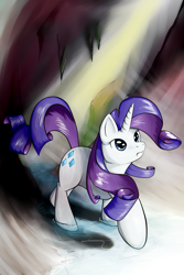 Size: 1600x2400 | Tagged: safe, artist:ruby, derpibooru import, rarity, pony, unicorn, cave, cavern, female, horn, looking up, mare, solo, walking, water