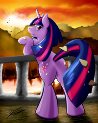 Size: 1600x2000 | Tagged: safe, artist:ruby, derpibooru import, twilight sparkle, unicorn twilight, pony, unicorn, female, leaning, looking back, mare, railing, rear view, solo, sun, sunset