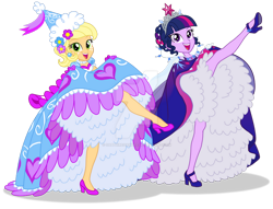 Size: 800x610 | Tagged: safe, artist:sapphiregamgee, derpibooru import, applejack, twilight sparkle, equestria girls, g4, can-can, clothes, dancing, deviantart watermark, dress, froufrou glittery lacy outfit, gloves, gown, hat, hennin, high heels, jewelry, long gloves, obtrusive watermark, petticoat, princess costume, shoes, simple background, tiara, transparent background, watermark