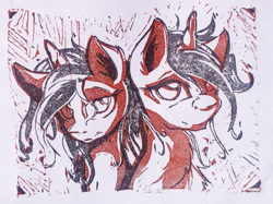 Size: 2087x1565 | Tagged: safe, artist:ruby, derpibooru import, oc, oc only, oc:asha, pony, unicorn, bust, female, horn, linocut, male, mare, portrait, rule 63, self paradox, simple background, solo, stallion, traditional art