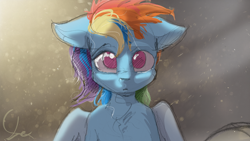 Size: 4960x2790 | Tagged: safe, alternate version, artist:ruby, derpibooru import, rainbow dash, pegasus, pony, bipedal, bust, female, high res, looking at you, mare, sad, solo