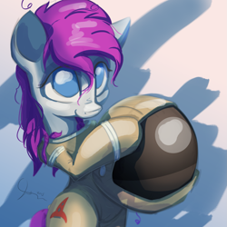 Size: 2367x2367 | Tagged: safe, artist:ruby, derpibooru import, oc, oc only, earth pony, pony, bipedal, female, high res, holding, mare, smiling, solo, space helmet, spacesuit